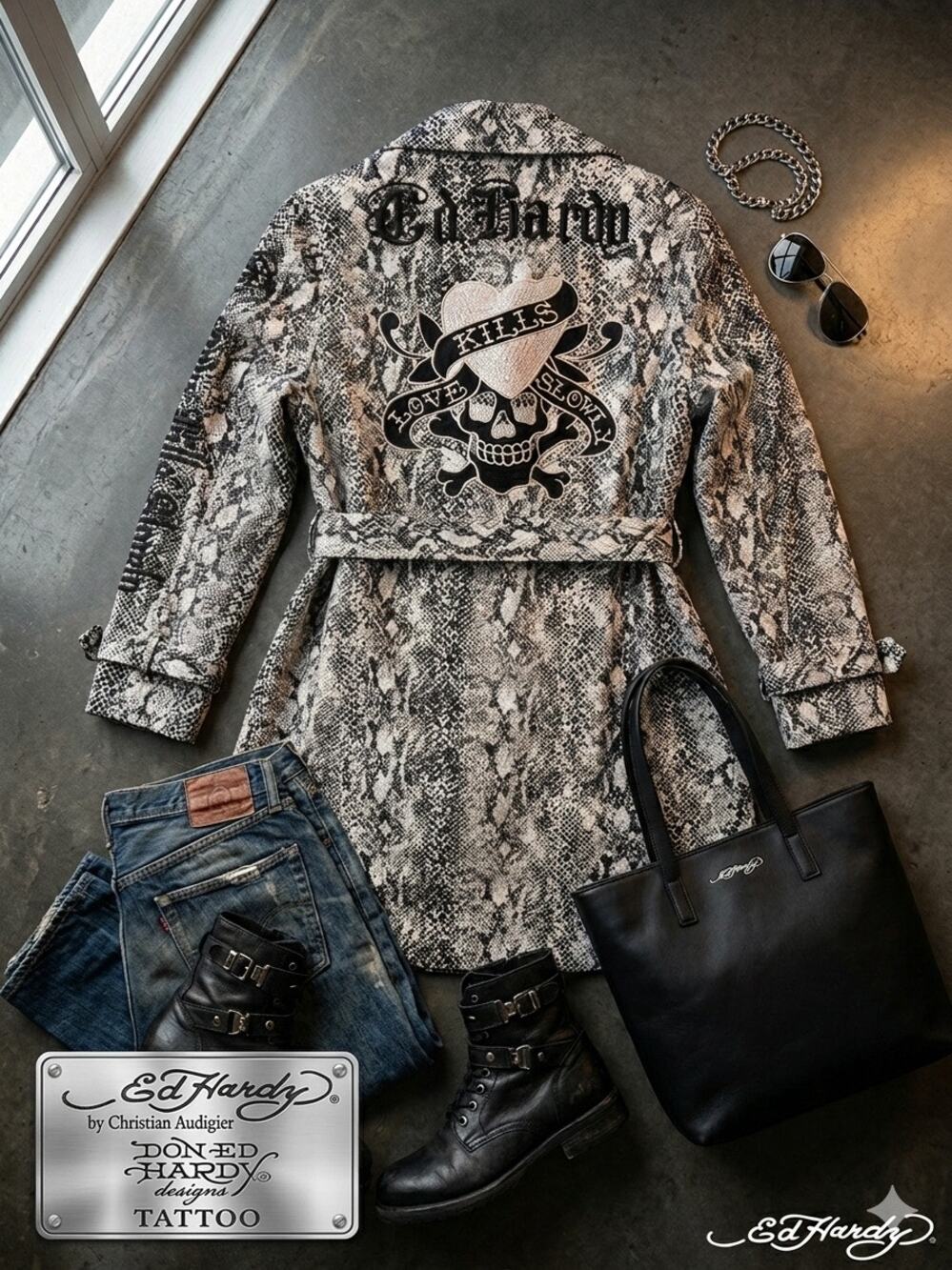 Ed Hardy Snakeskin Print "Love Kills Slowly" Trench Coat